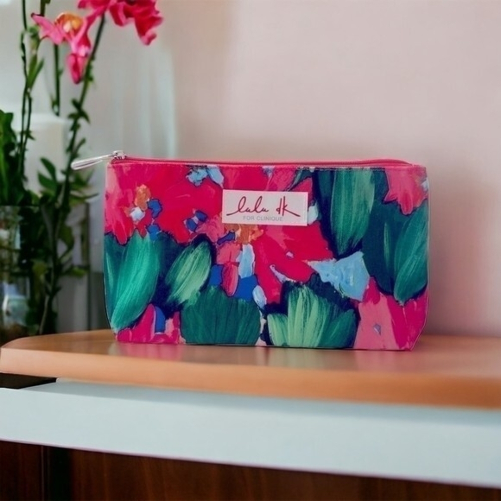 CLINIQUE Pink Green Blue Makeup Bag Travel Cosmetic Organizer Geometric Print